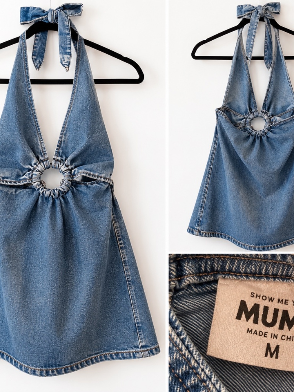 Show Me Your Mumu Denim Halter Mini Dress M Blue Open Back Tie Neck Western